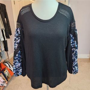 Fever long peasant sleeve waffle knit top flower & open weave detail